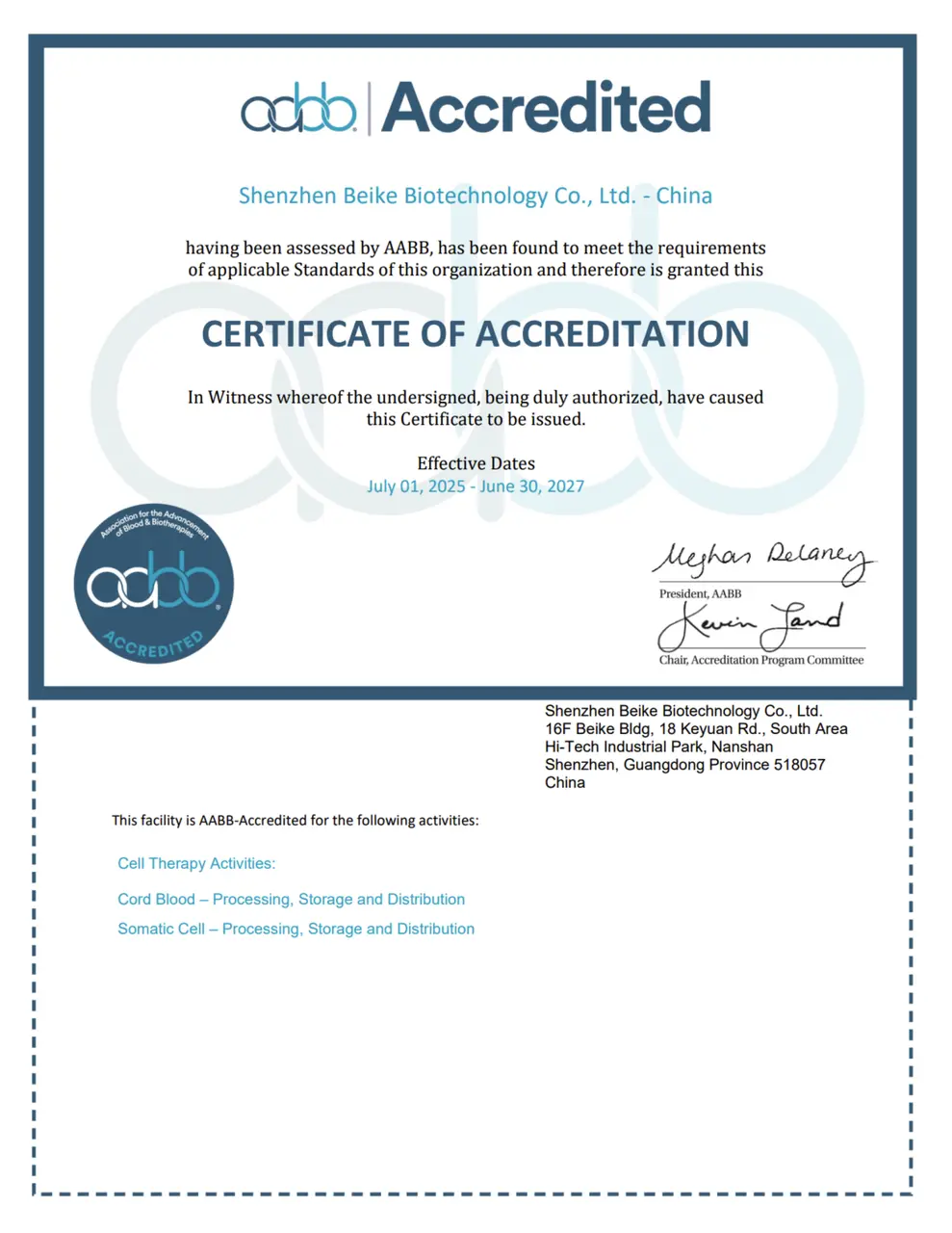 AABB accreditation certificate